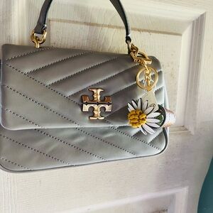 Tory Burch Quilted Gray Shoulder Bag with Gold Logo